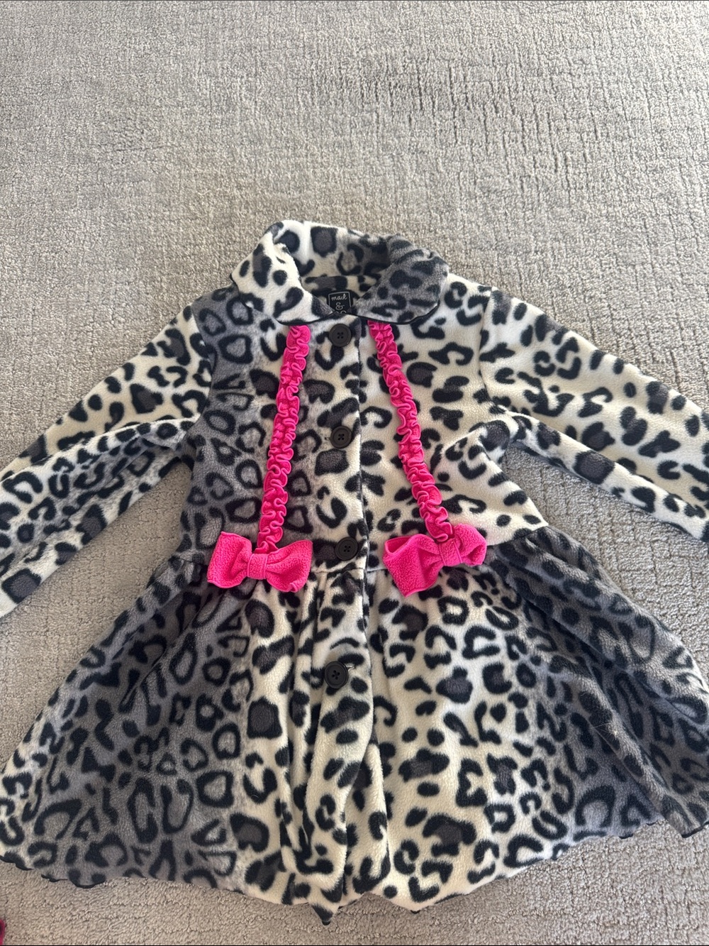Girls' Leopard Print Fleece Coat with Pink Bow Details